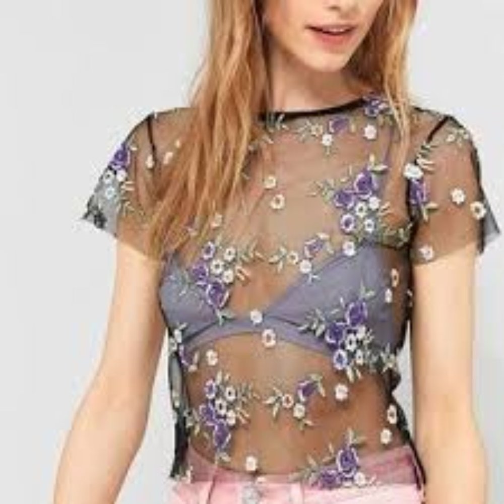 Urban Outfitters Sheer Mesh Floral Crop Top